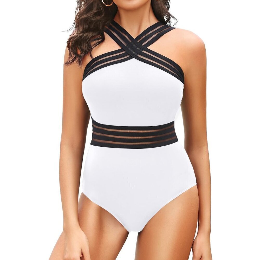 Tempt Me Women White Crisscross One Piece Swimsuits Mesh Tummy Control Bathing L
